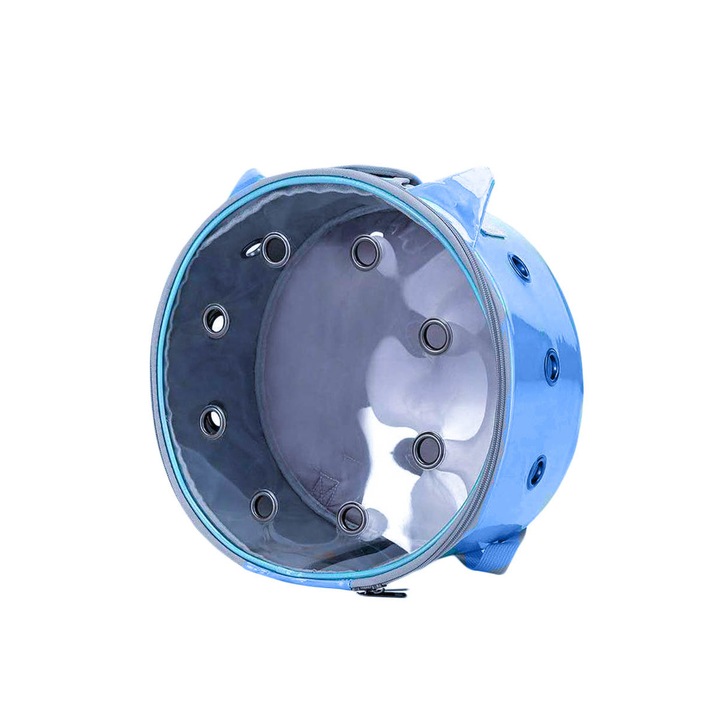 Rucsac rotund Zeze pentru caini si pisici de talie mica, capac transparent, design sidefat cu urechi, orificii aerisire, albastru, doty