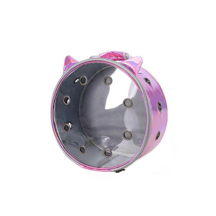Rucsac rotund Zeze pentru caini si pisici de talie mica, capac transparent, design sidefat cu urechi,orificii aerisire,mov deschis,doty