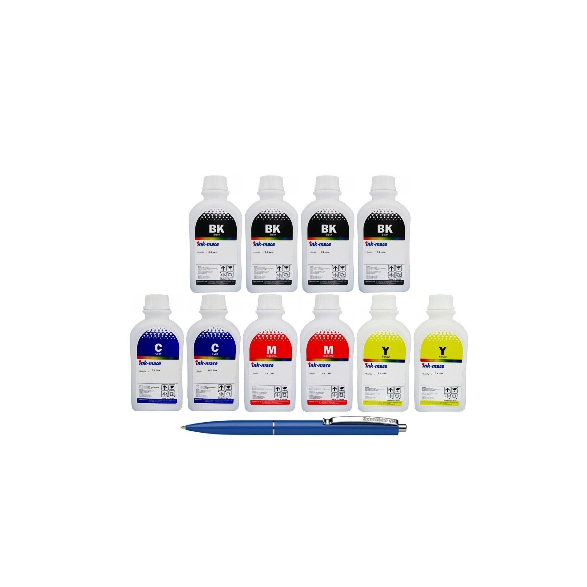 Pachet Flacon Refill Cerneala Ink-Mate 4X 500ml Negru HP C9351AE (21), 2X 500ml Cyan HP C9352AE (22), 2X 500ml Magenta HP C9352AE (22), 2X 500ml Yellow HP C9352AE (22) si Pix Schneider