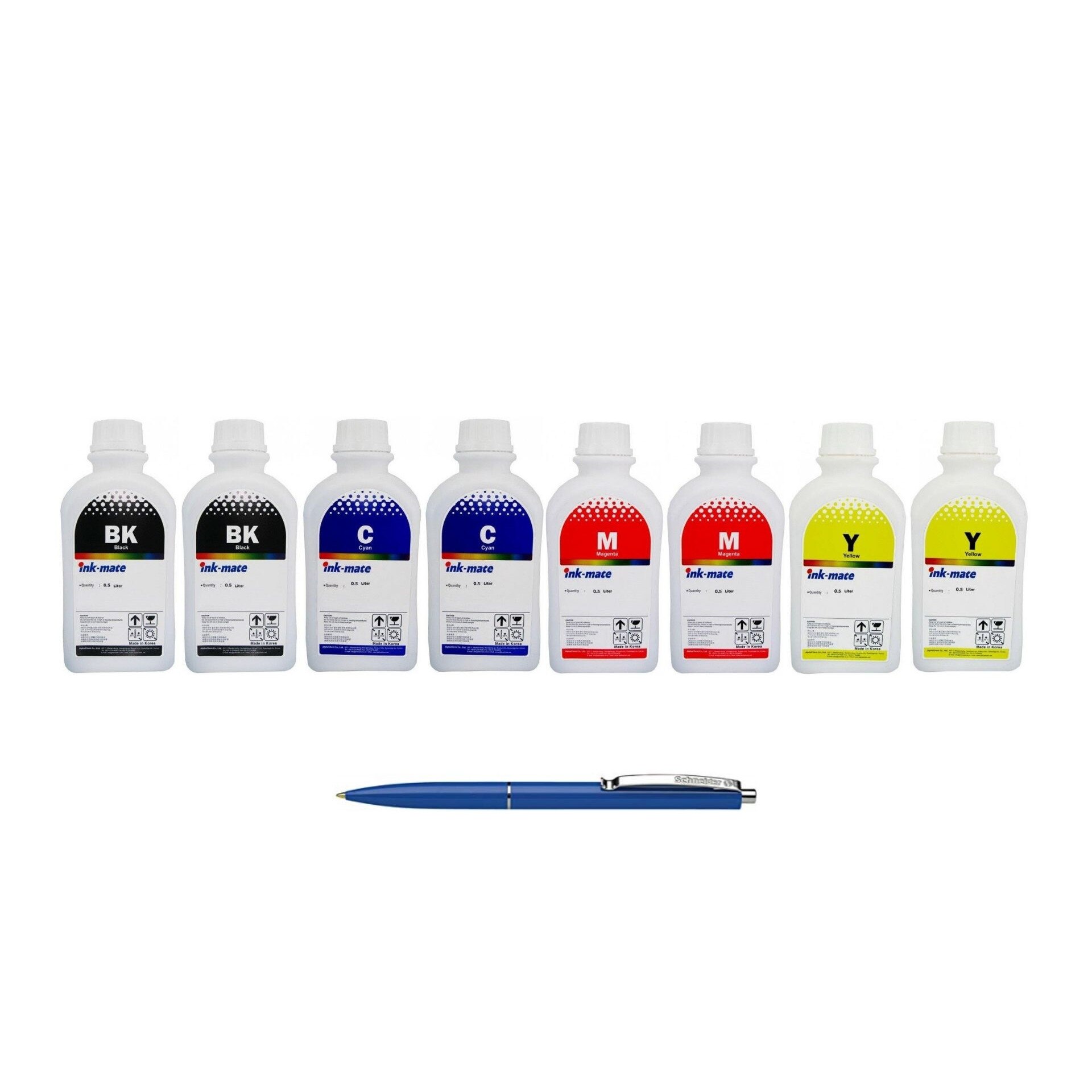 Pachet Flacon Refill Cerneala Ink-Mate 2X 500ml Negru HP C9351AE (21), 2X 500ml Cyan HP C9352AE (22), 2X 500ml Magenta HP C9352AE (22), 2X 500ml Yellow HP C9352AE (22) si Pix Schneider