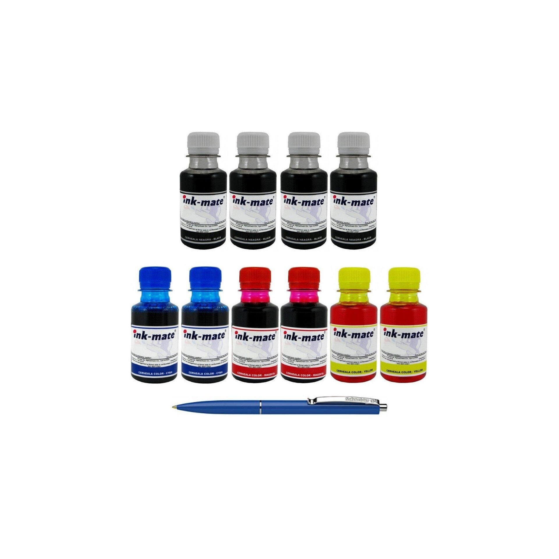Pachet Flacon Refill Cerneala Ink-Mate 4X 100ml Negru HP C9351AE (21), 2X 100ml Cyan HP C9352AE (22), 2X 100ml Magenta HP C9352AE (22), 2X 100ml Yellow HP C9352AE (22) si Pix Schneider