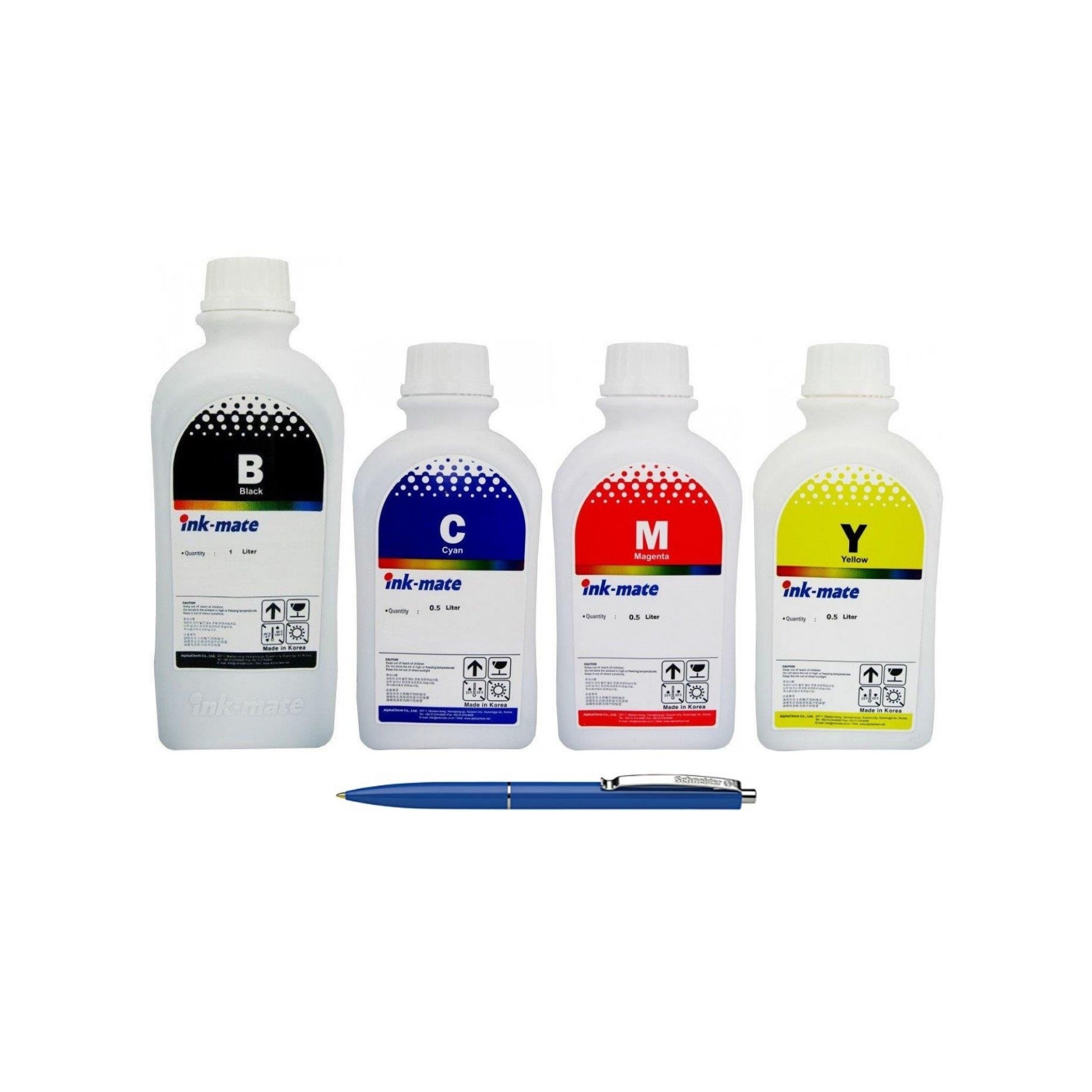 Pachet Flacon Refill Cerneala Ink-Mate 1X 1000ml Negru HP C9351AE (21), 1X 500ml Cyan HP C9352AE (22), 1X 500ml Magenta HP C9352AE (22), 1X 500ml Yellow HP C9352AE (22) si Pix Schneider