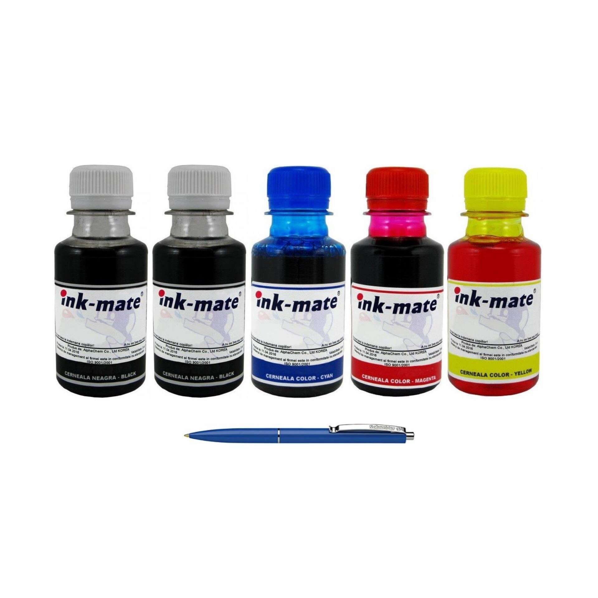Pachet Flacon Refill Cerneala Ink-Mate 2X 100ml Negru HP C9351CE (21XL), 1X 100ml Cyan HP C9352CE (22XL), 1X 100ml Magenta HP C9352CE (22XL), 1X 100ml Yellow HP C9352CE (22XL) si Pix Schneider