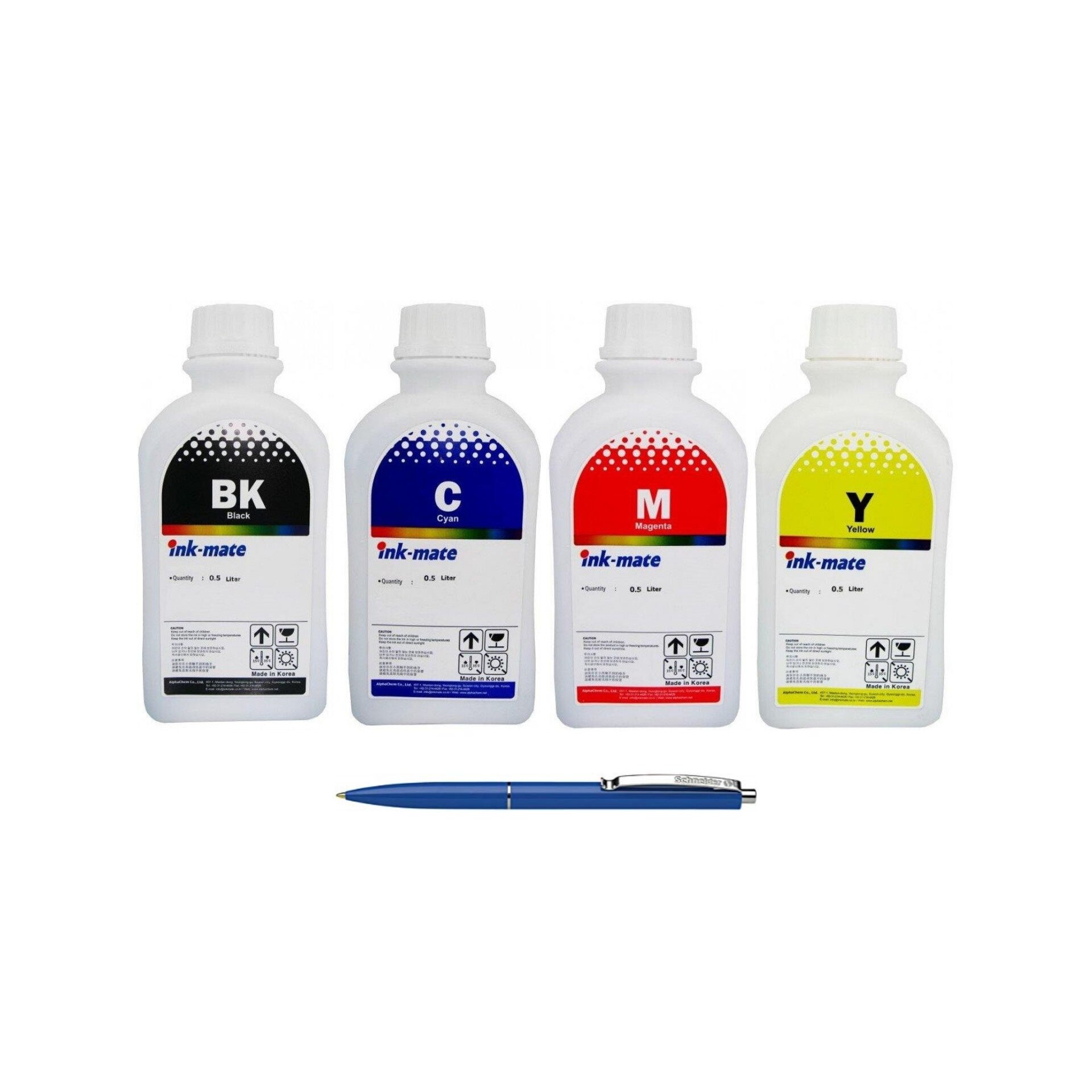 Pachet Flacon Refill Cerneala Ink-Mate 1X 500ml Negru HP C9351AE (21), 1X 500ml Cyan HP C9352AE (22), 1X 500ml Magenta HP C9352AE (22), 1X 500ml Yellow HP C9352AE (22) si Pix Schneider