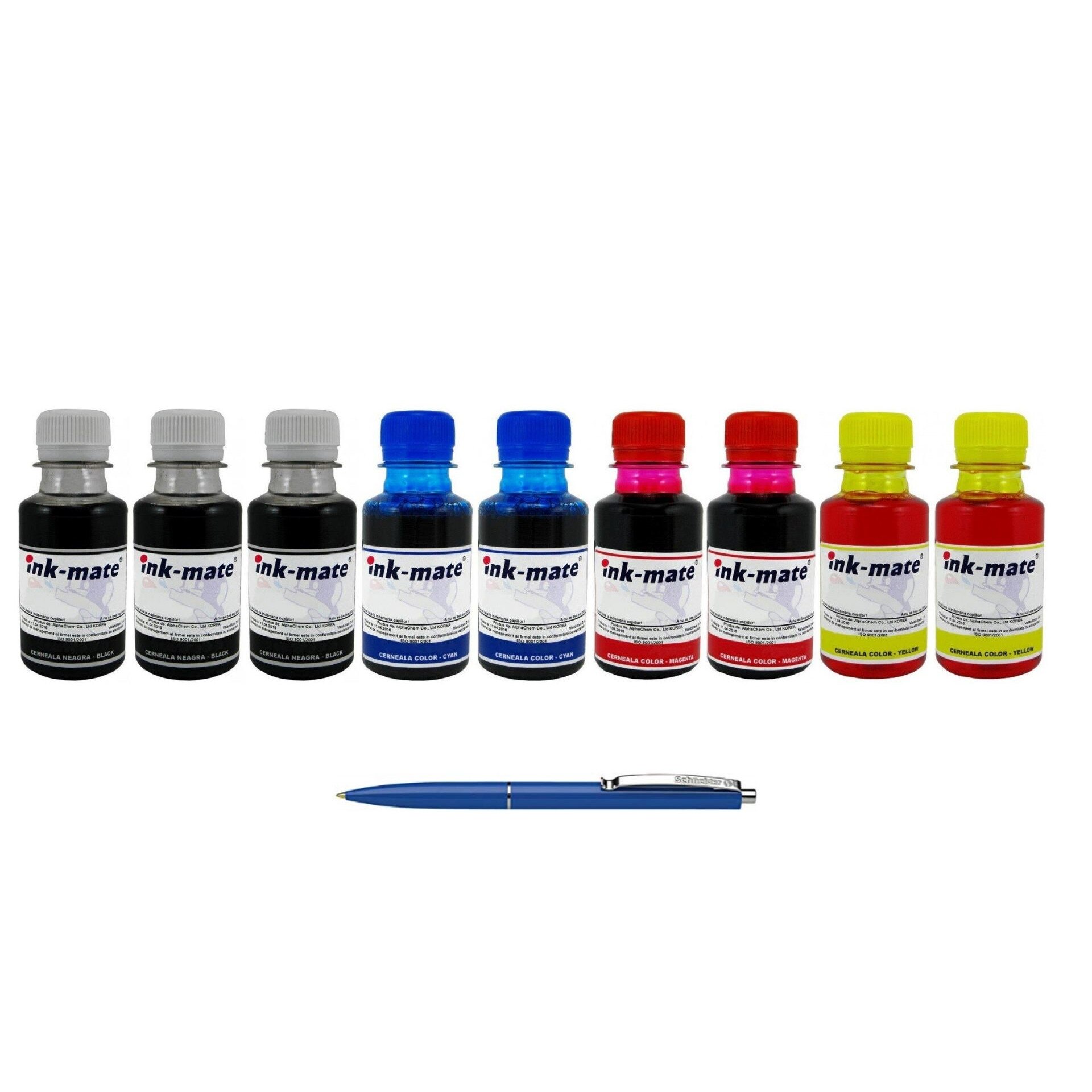 Pachet Flacon Refill Cerneala Ink-Mate 3X 100ml Negru HP C9351CE (21XL), 2X 100ml Cyan HP C9352CE (22XL), 2X 100ml Magenta HP C9352CE (22XL), 2X 100ml Yellow HP C9352CE (22XL) si Pix Schneider