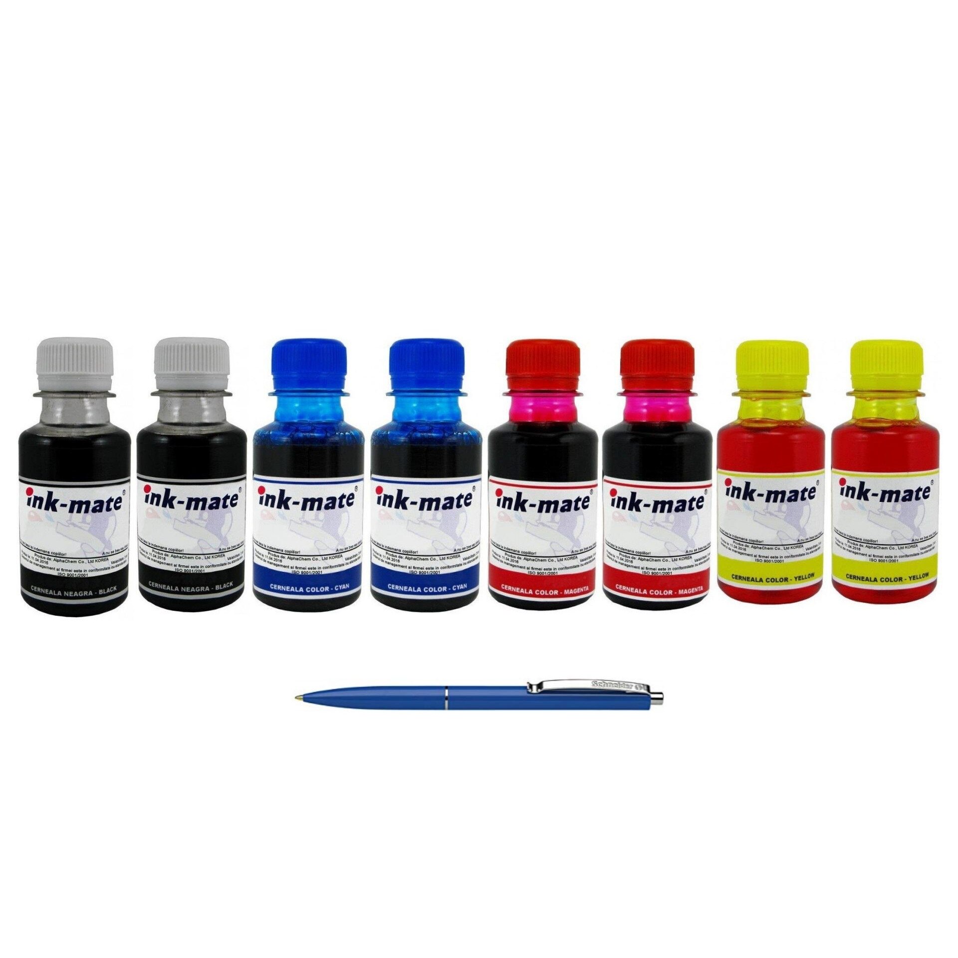 Pachet Flacon Refill Cerneala Ink-Mate 2X 100ml Negru HP C9351AE (21), 2X 100ml Cyan HP C9352AE (22), 2X 100ml Magenta HP C9352AE (22), 2X 100ml Yellow HP C9352AE (22) si Pix Schneider