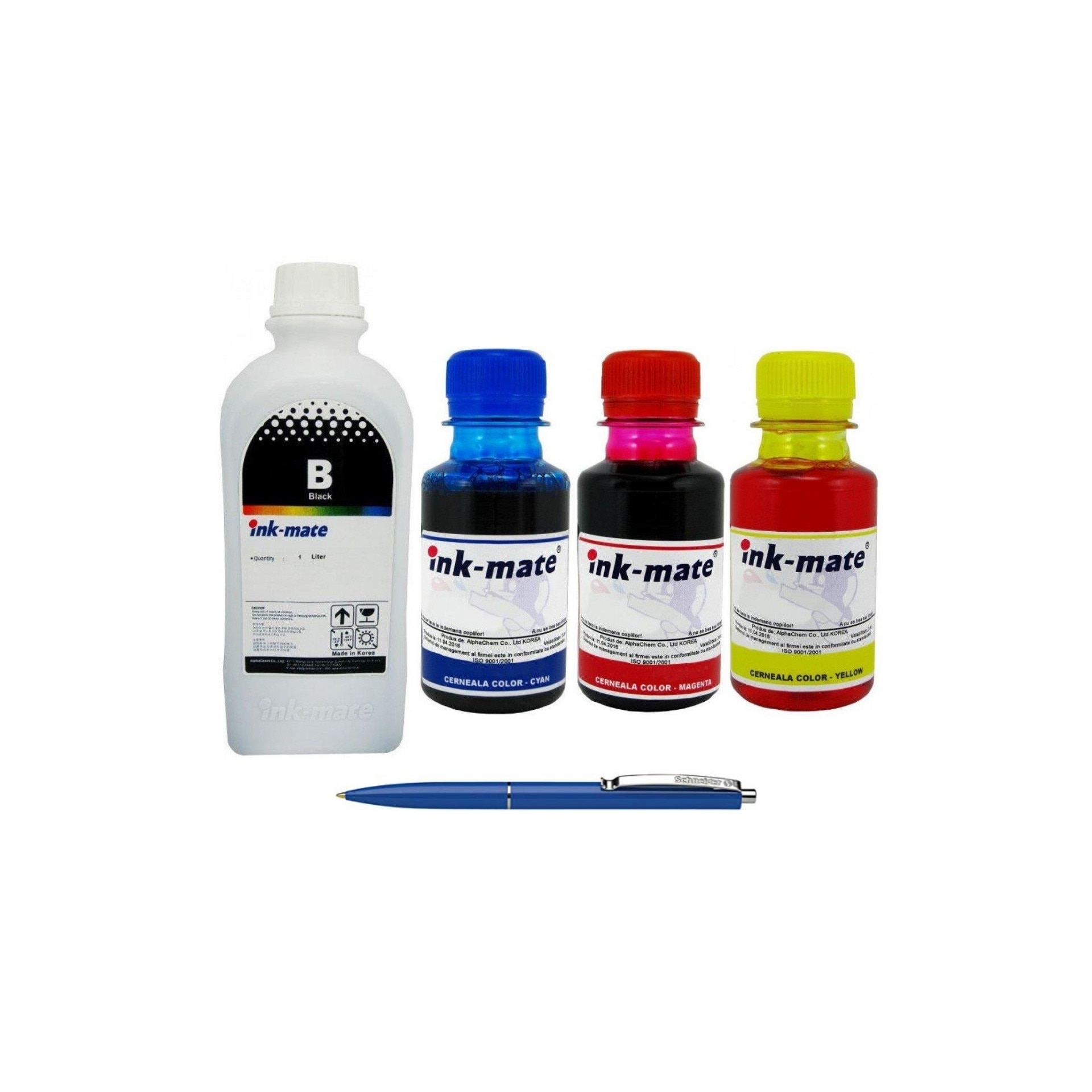 Pachet Flacon Refill Cerneala Ink-Mate 1X 1000ml Negru HP C9351AE (21), 1X 100ml Cyan HP C9352AE (22), 1X 100ml Magenta HP C9352AE (22), 1X 100ml Yellow HP C9352AE (22) si Pix Schneider