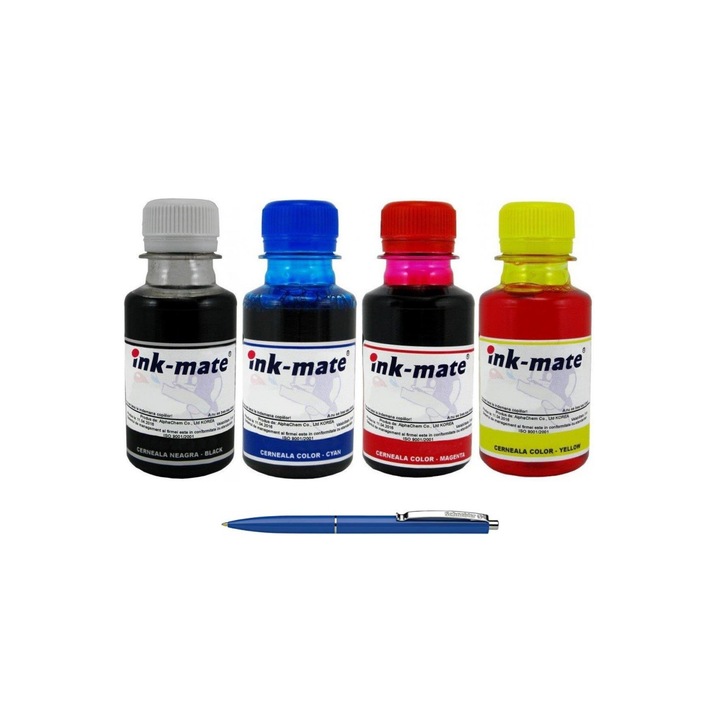 Pachet Flacon Refill Cerneala Ink-Mate 1X 100ml Negru HP C9351CE (21XL), 1X 100ml Cyan HP C9352CE (22XL), 1X 100ml Magenta HP C9352CE (22XL), 1X 100ml Yellow HP C9352CE (22XL) si Pix Schneider