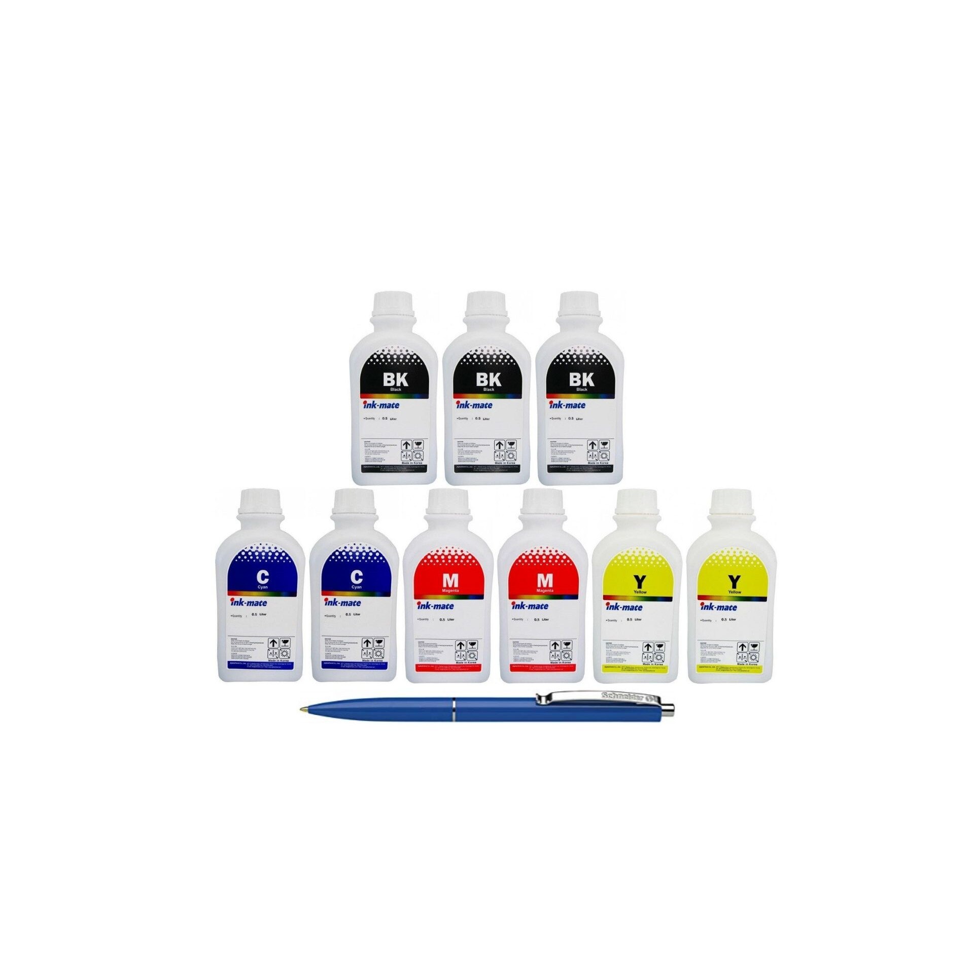 Pachet Flacon Refill Cerneala Ink-Mate 3X 500ml Negru HP C9351AE (21), 2X 500ml Cyan HP C9352AE (22), 2X 500ml Magenta HP C9352AE (22), 2X 500ml Yellow HP C9352AE (22) si Pix Schneider