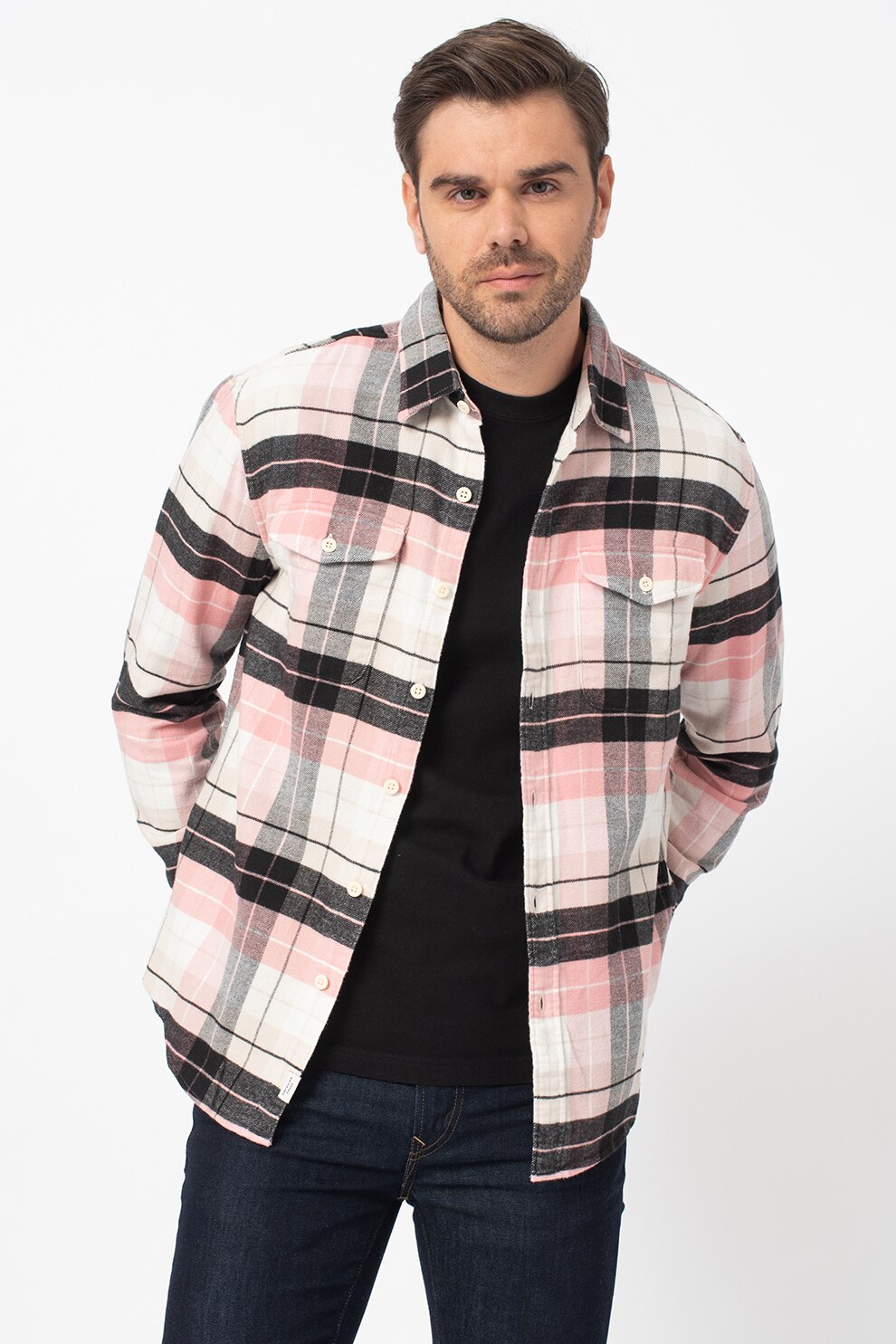 American Eagle, Camasa din flanel cu model in carouri, Roz, 2XL