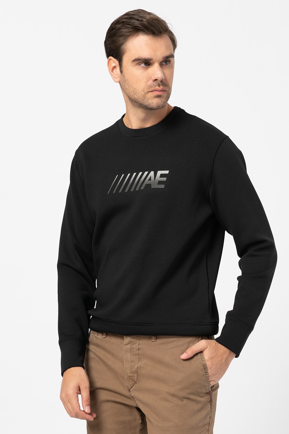 American Eagle, Bluza sport cu decolteu la baza gatului si imprimeu logo, Negru