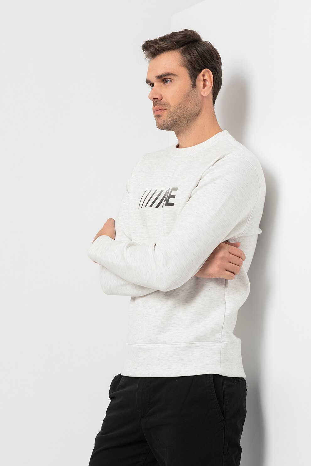 American Eagle, Bluza sport cu decolteu la baza gatului si imprimeu logo, Gri deschis melange