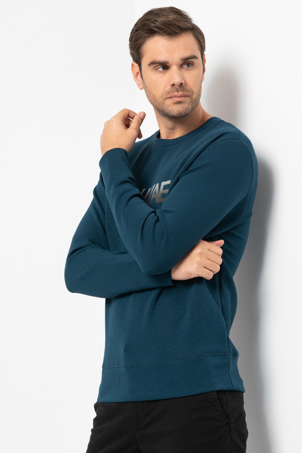 American Eagle, Bluza sport cu decolteu la baza gatului si imprimeu logo, Albastru petrol