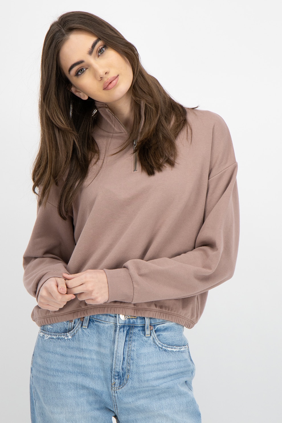 American Eagle, Bluza sport cu fenta cu fermoar, Taupe
