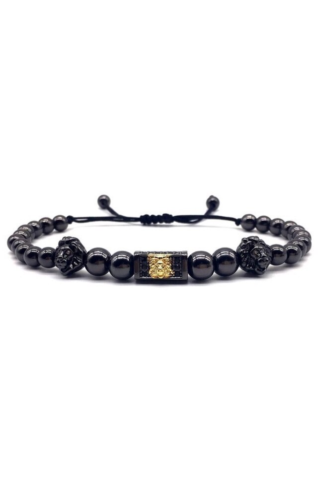 Bratara Luxury Gate Lion, Placata cu aur de 18K, Negru, Reglabila