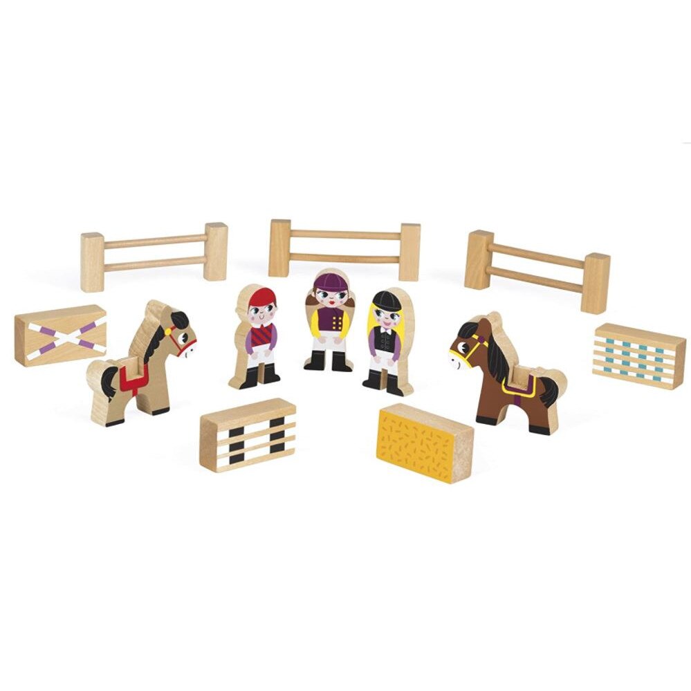Set figurine din lemn Janod Mini story Scoala de calarie 5 piese