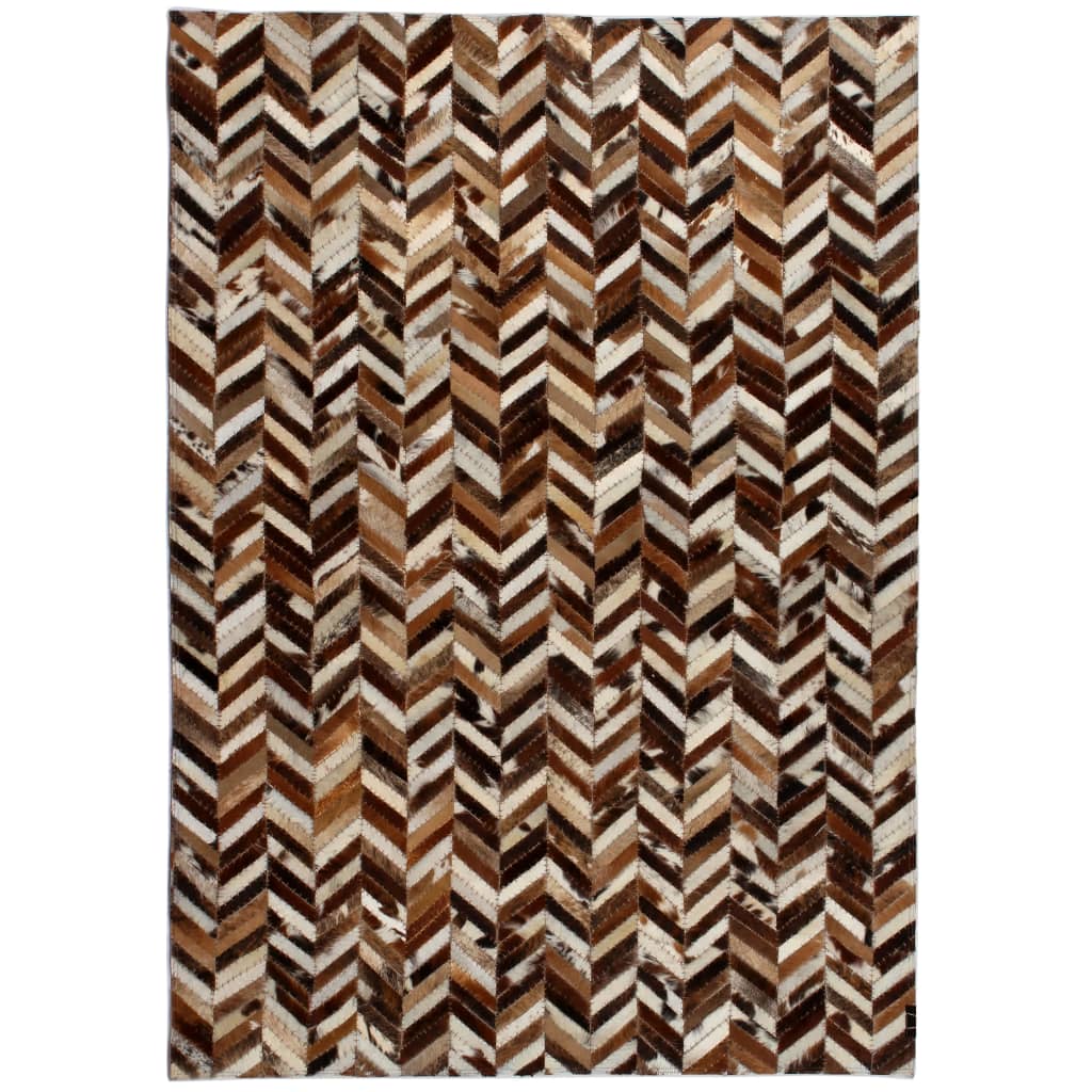 Covor din piele naturala model zigzag, vidaXL, 190 x 290 cm, 1900 g/m², 8 mm, Alb/Maro