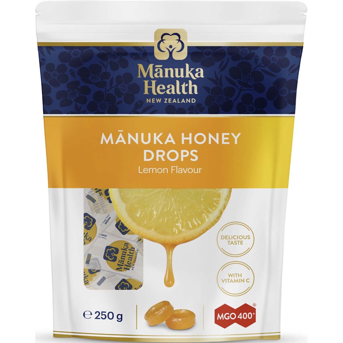 Bomboane cu miere de Manuka MGO 400+ Manuka Health, lamaie + vit C, 250g