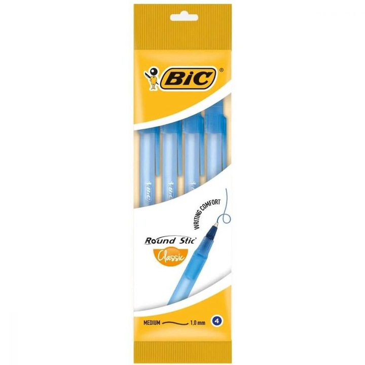 Комплект от 4 химикалки BIC STIC, размер на върха 1 мм, син надпис, прозрачно/синьо пластмасово тяло