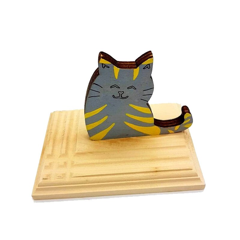 Suport de telefon mobil de birou din lemn masiv model Pisicuta Fericita – Gri cu galben