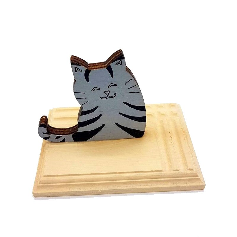 Suport de telefon mobil de birou din lemn masiv model Pisicuta Fericita – Gri cu negru