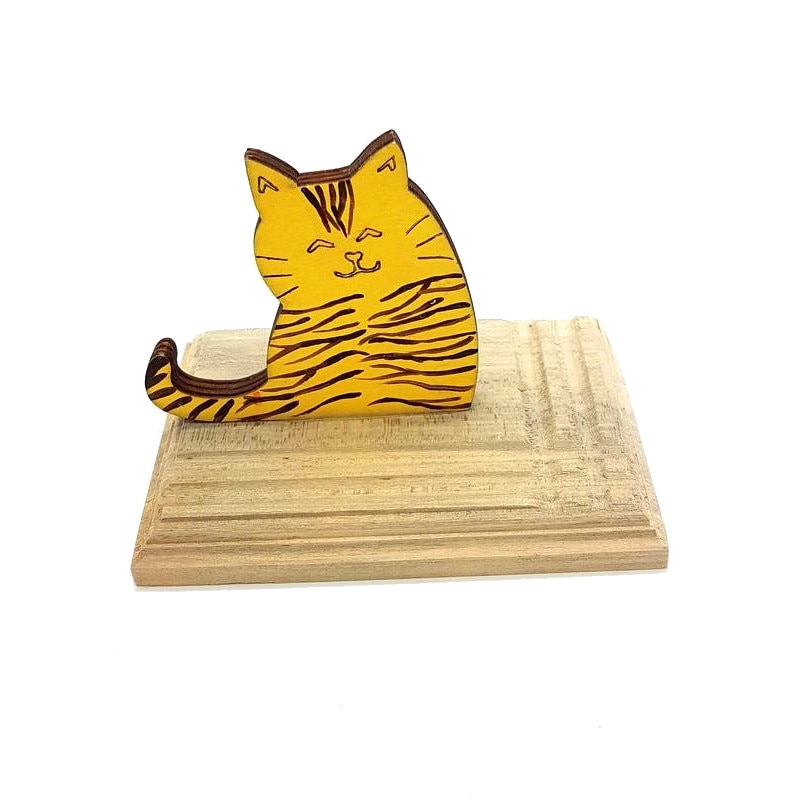 Suport de telefon mobil de birou din lemn masiv model Pisicuta Fericita – Galben cu dungi