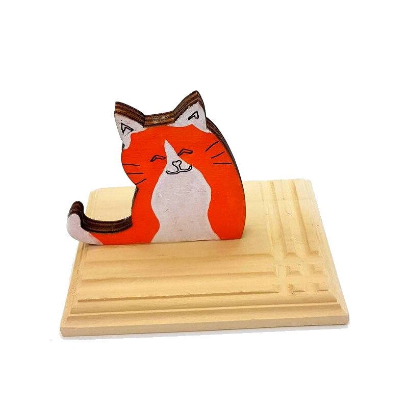 Suport de telefon mobil de birou din lemn masiv model Pisicuta Fericita – Portocaliu cu alb