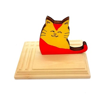 Suport de telefon mobil de birou din lemn masiv model Pisicuta Fericita – Portocaliu cu galben Suport de telefon mobil de birou din lemn masiv model Pisicuta Fericita – Portocaliu cu galben