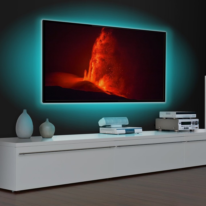 LED лента KlaussTech Ambilight, RGB амбиентно осветление зад телевизора, Включено дистанционно управление, 220 V захранване, Модерен дизайн