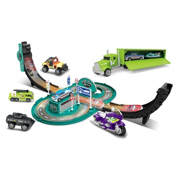 Set circuit auto cu pista de viteza, camion trailer si 6 vehicule, 16 piese, +3 ani Set circuit auto cu pista de viteza, camion trailer si 6 vehicule, 16 piese, +3 ani