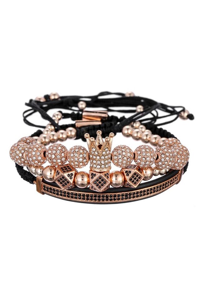 Set 3 Bratari Premium Crown, Placat aur 24K, Diamante CZ, Zzset-56, rose