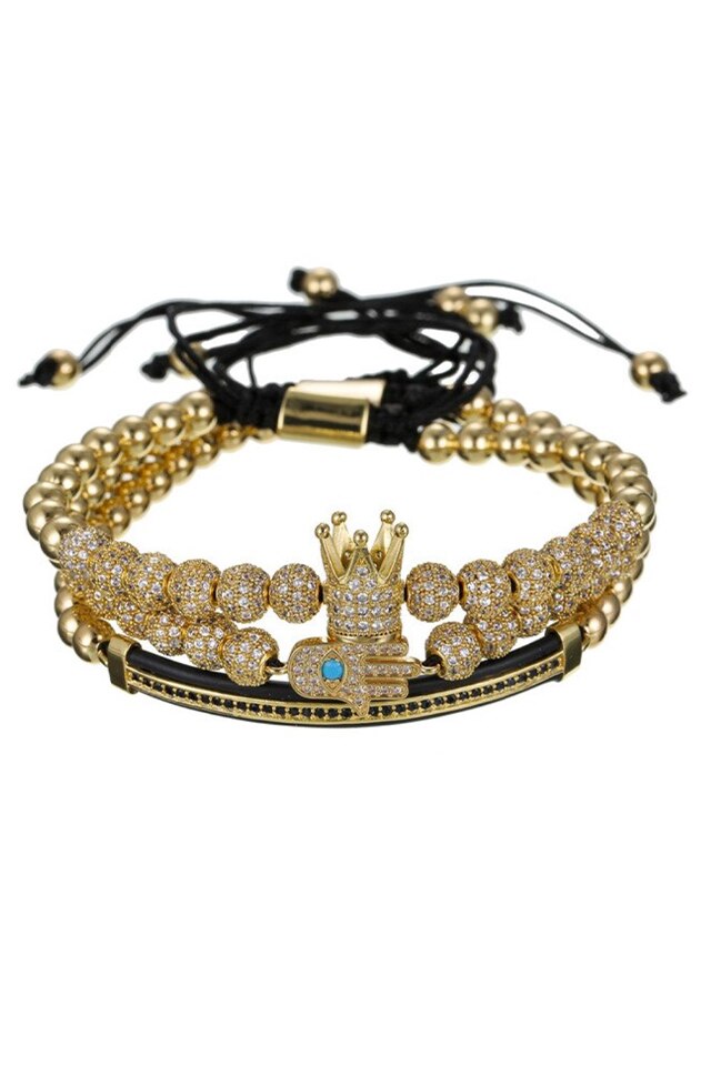 Set 3 Bratari Luxury Crown and Fatima, Placat aur 24K, Diamante CZ, Zzset-55, auriu