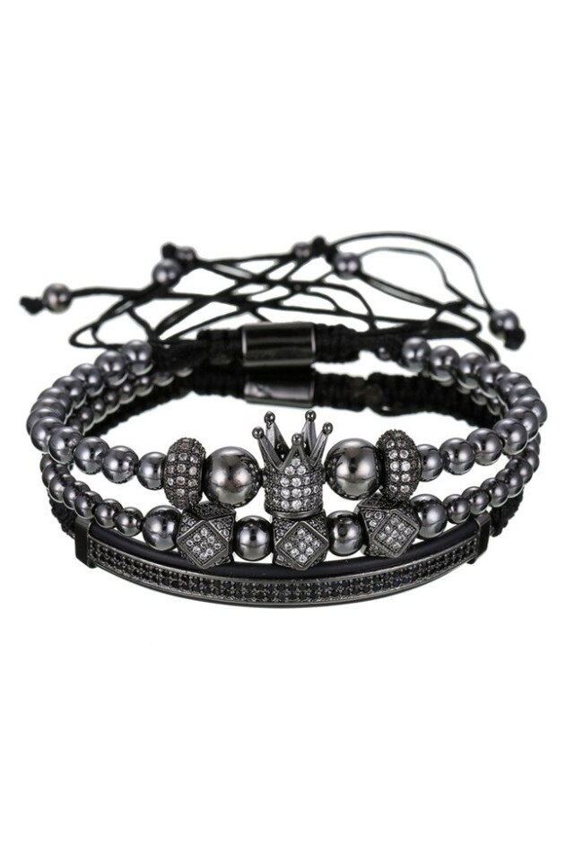 Set 3 Bratari Luxury Royal, Placat aur 24K, Diamante CZ, Zzset-58, negru