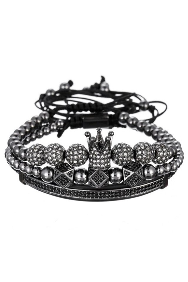 Set 3 Bratari Premium Queen, Placat aur 24K, Diamante CZ, Zzset-57, negru
