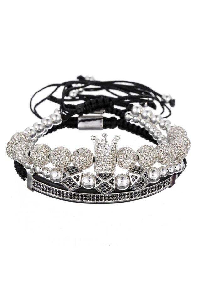 Set 3 Bratari Premium Crown, Placat aur 24K, Diamante CZ, Zzset-56, argiuntiu