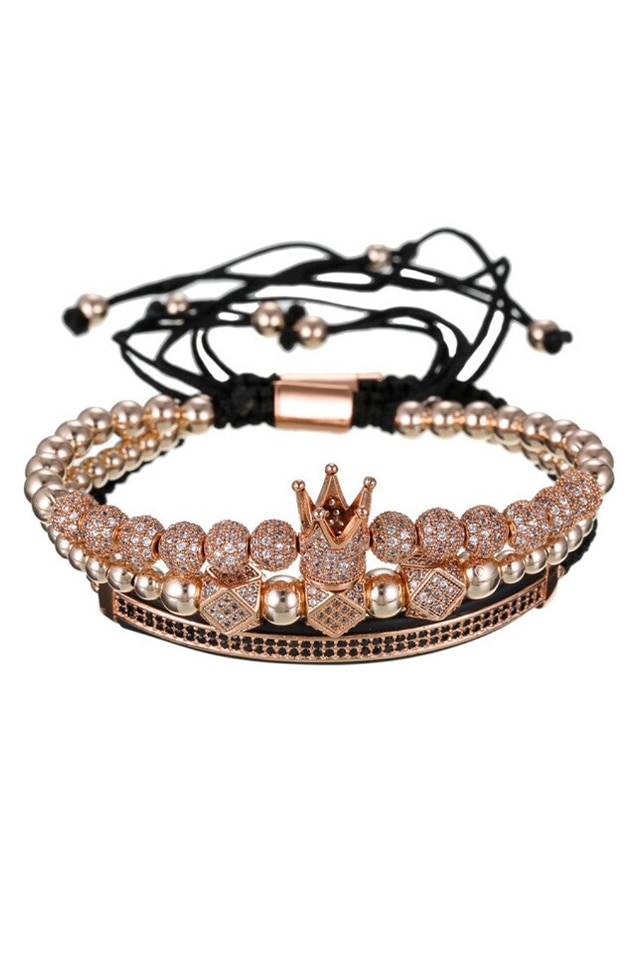 Set 3 Bratari Pure Diamonds Crown, Placat aur 24K, Diamante CZ, Zzset-51, rose