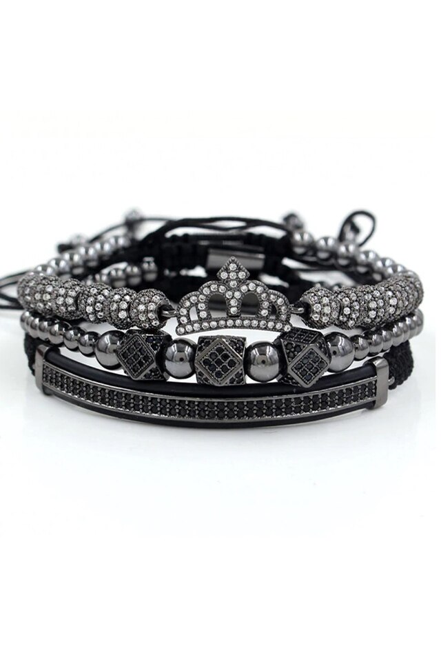 Set 3 Bratari Luxury Queen, Placat aur 24K, Diamante CZ, Zzset-49, negru