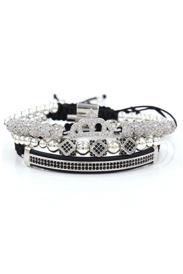 Set 3 Bratari Luxury Queen, Placat aur 24K, Diamante CZ, Zzset-49, argintiu