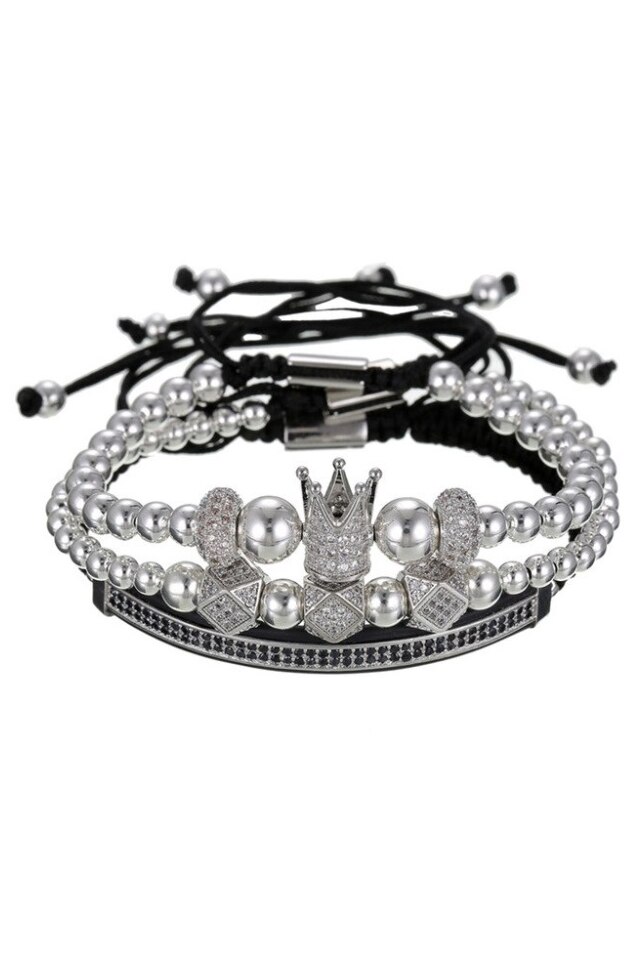 Set 3 Bratari Luxury Royal, Placat aur 24K, Diamante CZ, Zzset-58, argintiu