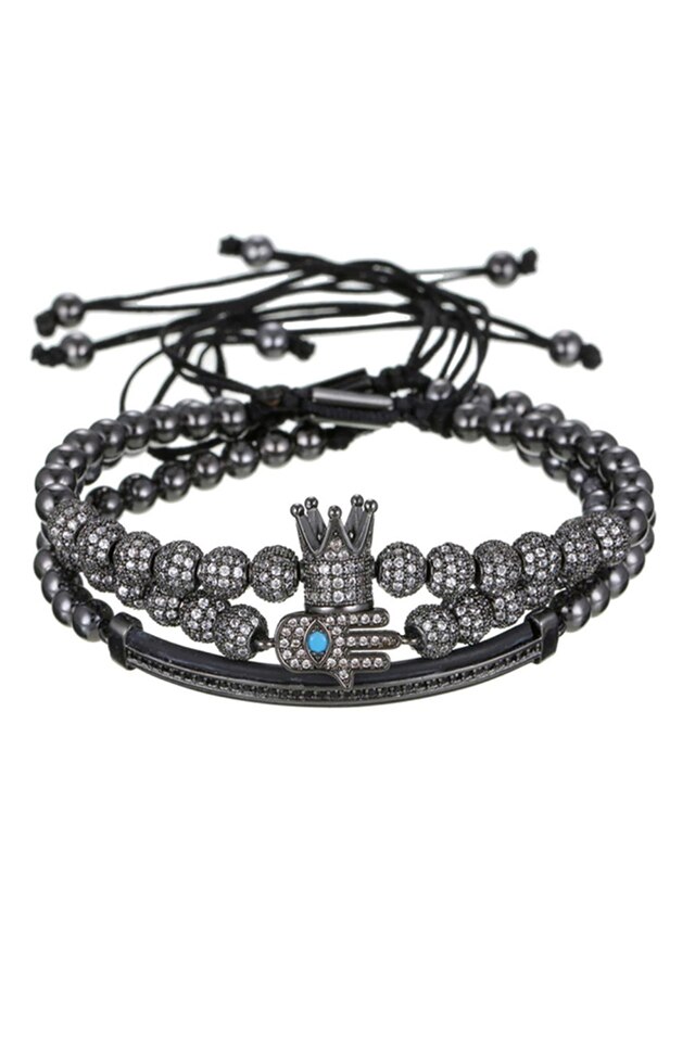 Set 3 Bratari Luxury Crown and Fatima, Placat aur 24K, Diamante CZ, Zzset-55, negru