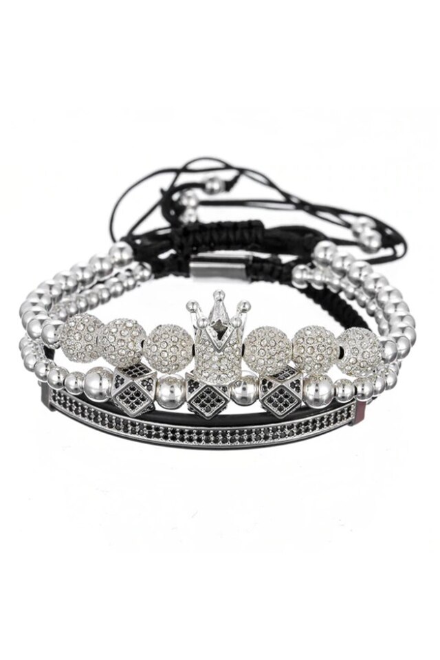 Set 3 Bratari Premium Queen, Placat aur 24K, Diamante CZ, Zzset-57, argintiu