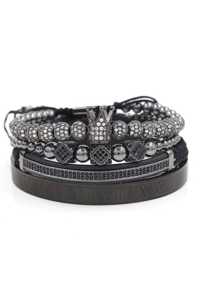 Set 4 Bratari Luxury, Placat aur 24K, Diamante CZ, Zzset-47, negru