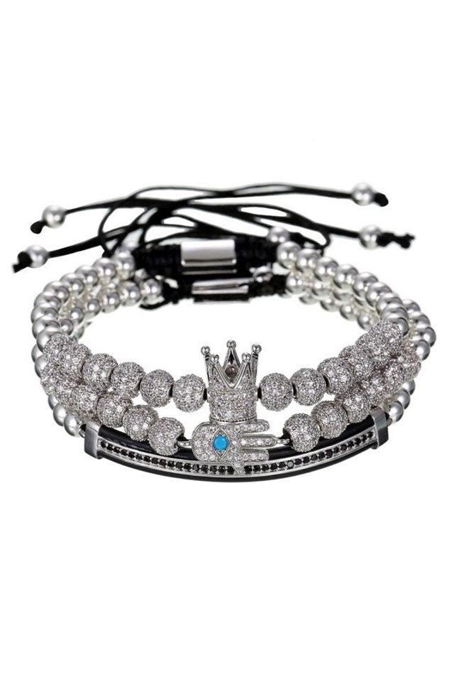 Set 3 Bratari Luxury Crown and Fatima, Placat aur 24K, Diamante CZ, Zzset-55, argintiu