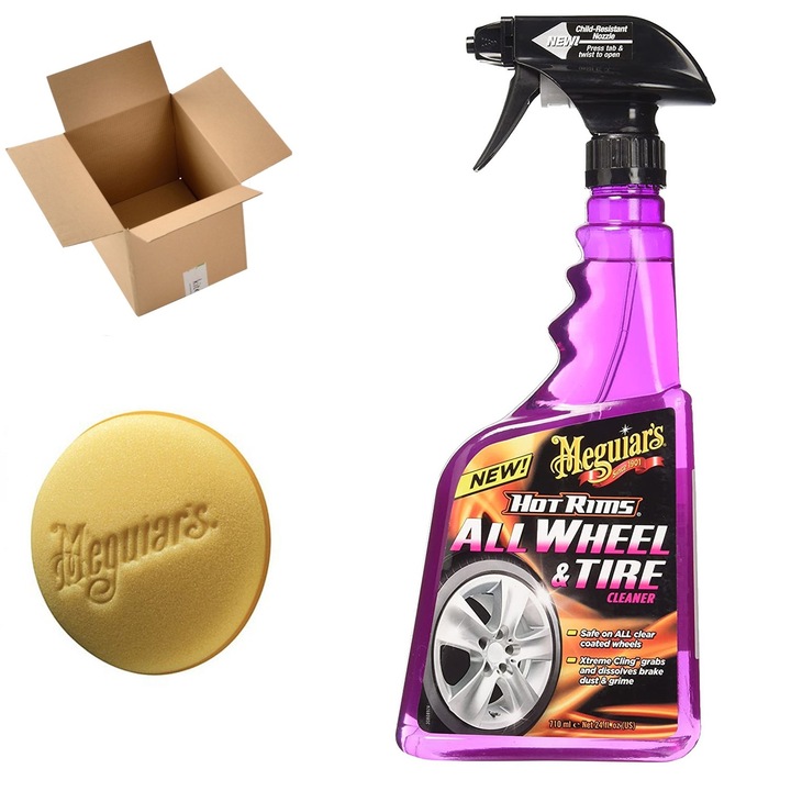 Пакет за поддръжка на алуминиеви джанти на Meguiar - 710 мл, почистващ препарат за джанти и гуми Hot Rims и 3 гъби за апликатор от пяна на Meguiar, 101 мм