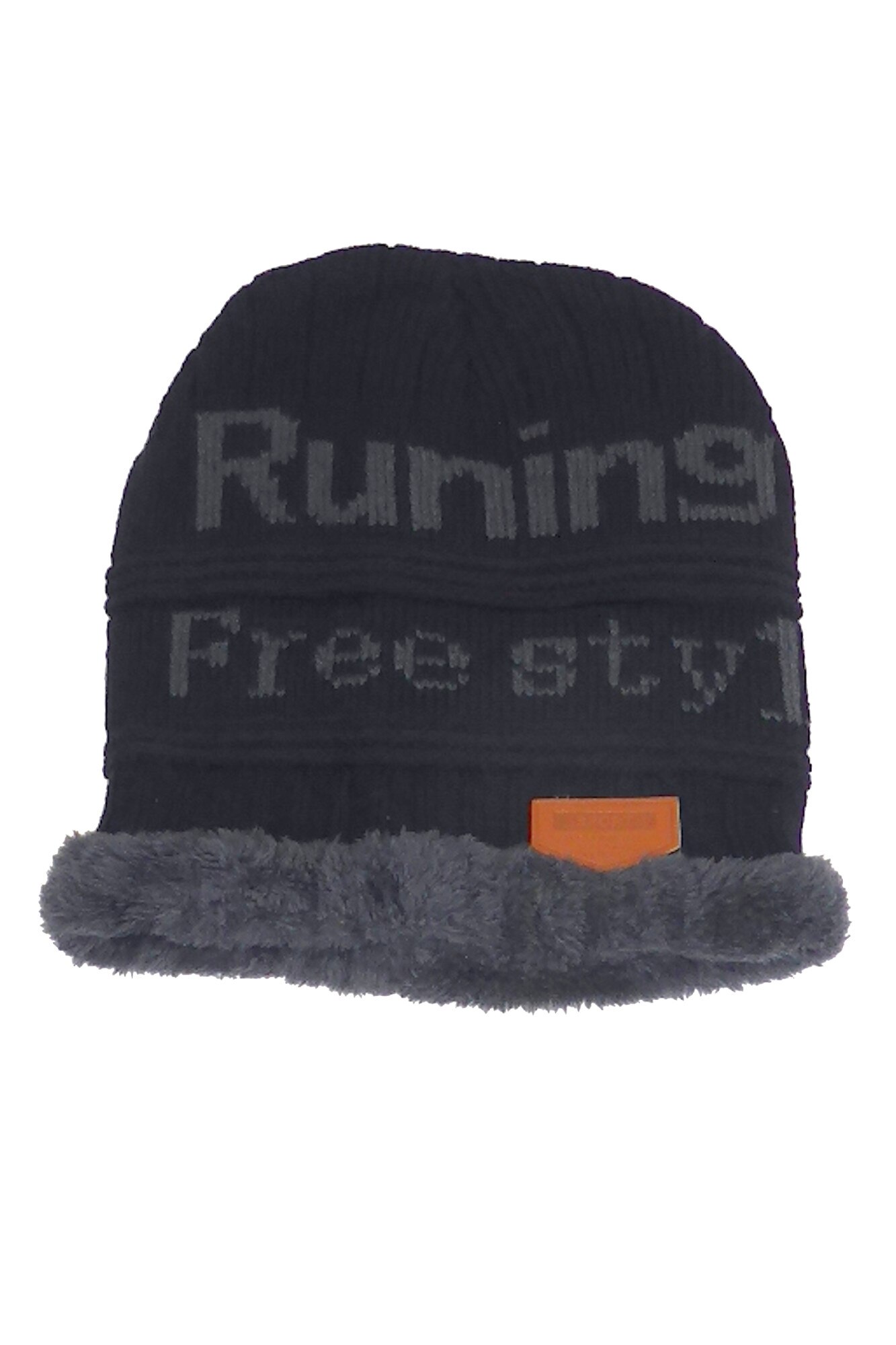 Caciula barbat, tricotata, albastru inchis, cu blana sintetica gri la margine