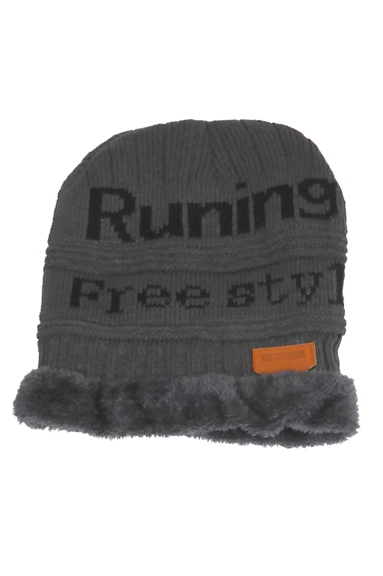 Caciula barbat, tricotata, gri, cu blana sintetica gri la margine