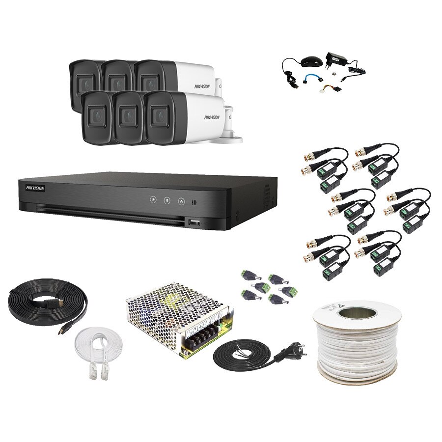 Kit Supraveghere si Securitate Hikvision, 6 Camere Exterior Ultra HD 5MP, High-Performance, 80m Smart IR + DVR 8 canale pana la 5MP + Accesorii