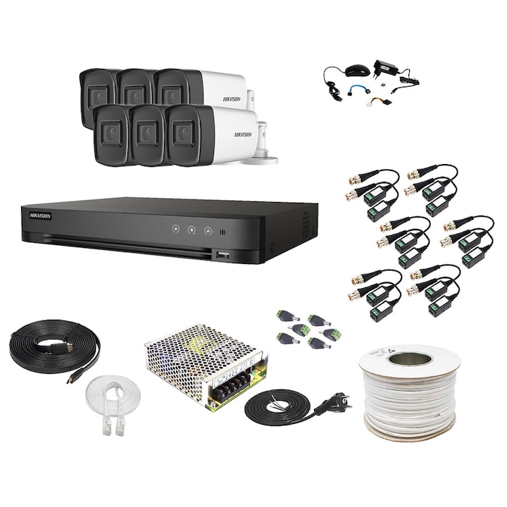 Kit Supraveghere si Securitate Hikvision, 5 Camere Exterior Ultra HD 5MP, High-Performance, 80m Smart IR + DVR 8 canale pana la 5MP + Accesorii