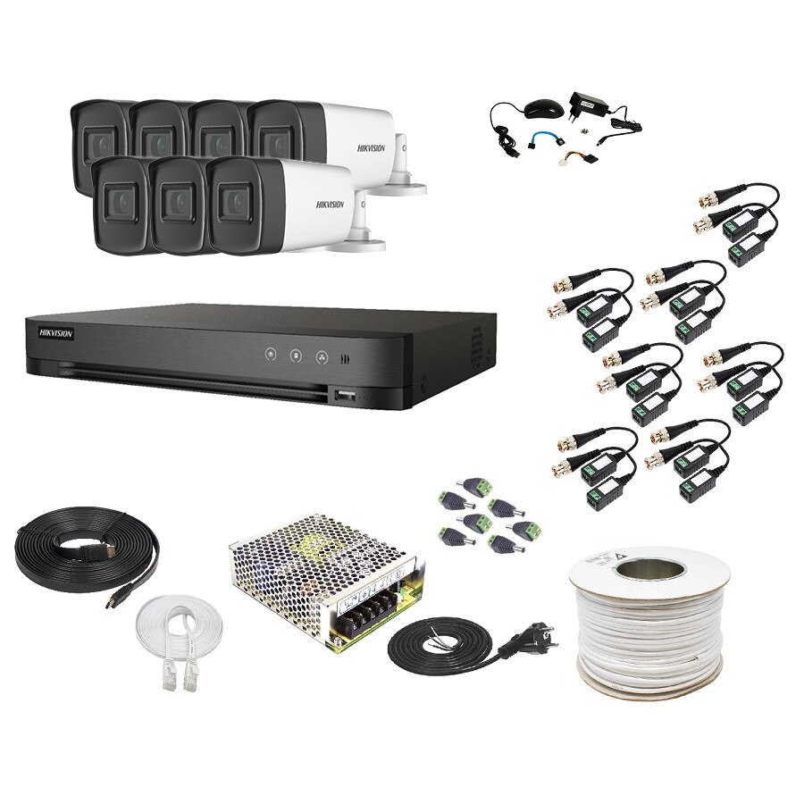 Kit Supraveghere si Securitate Hikvision, 7 Camere Exterior Ultra HD 5MP, High-Performance, 80m Smart IR + DVR 8 canale pana la 5MP + Accesorii
