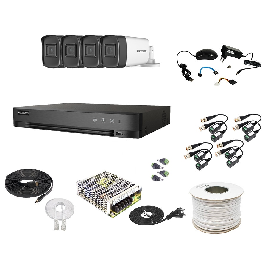 Kit Supraveghere si Securitate Hikvision, 4 Camere Exterior Ultra HD 5MP, High-Performance, 80m Smart IR + DVR 8 canale pana la 5MP + Accesorii